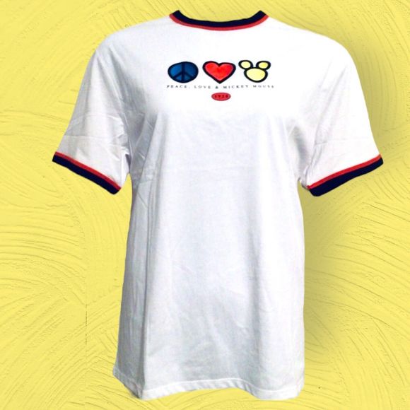 WDW Disney Parks PEACE LOVE & MICKEY MOUSE Ringer T Shirt 90s Y2K White Size S - Picture 4 of 6